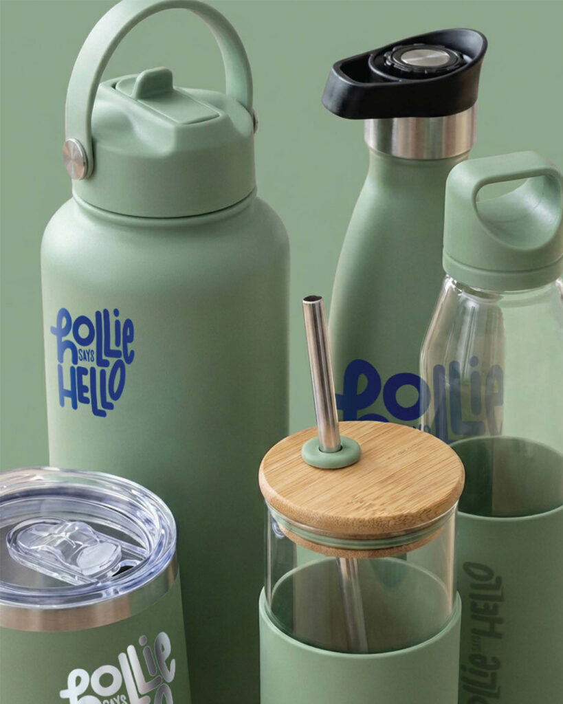 Sage promotional merch - drink bottles and cups - hollie says hello.